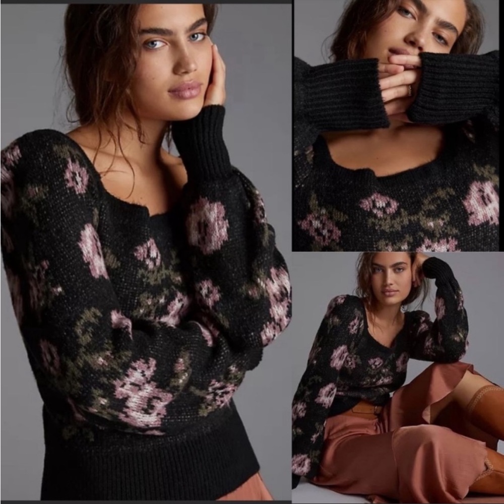 Anthropologie NEW Square Neck Puff-Sleeve Rose Sweater